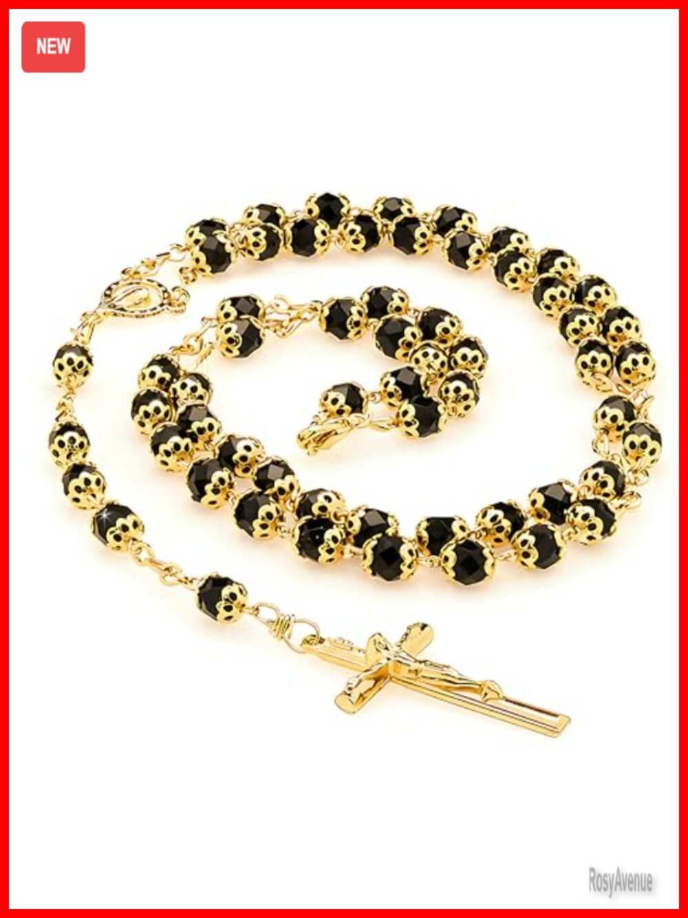 24K Gold Plated Rosary Necklace Black Crystal Prayer Beads USA